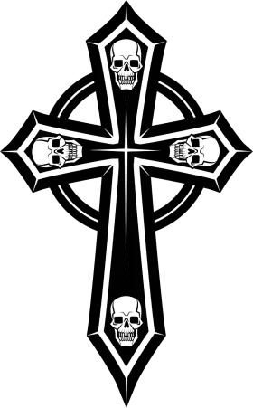 Gothic Cross with Skulls Clipart Design - Dark Symbolic Religious Imagery in Black and White