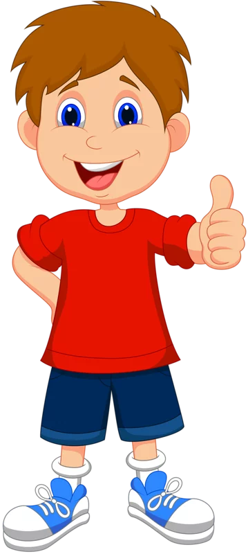 Happy Cartoon Boy Giving Thumbs Up in Red Shirt and Blue Shorts - Cheerful Children's Clipart Character