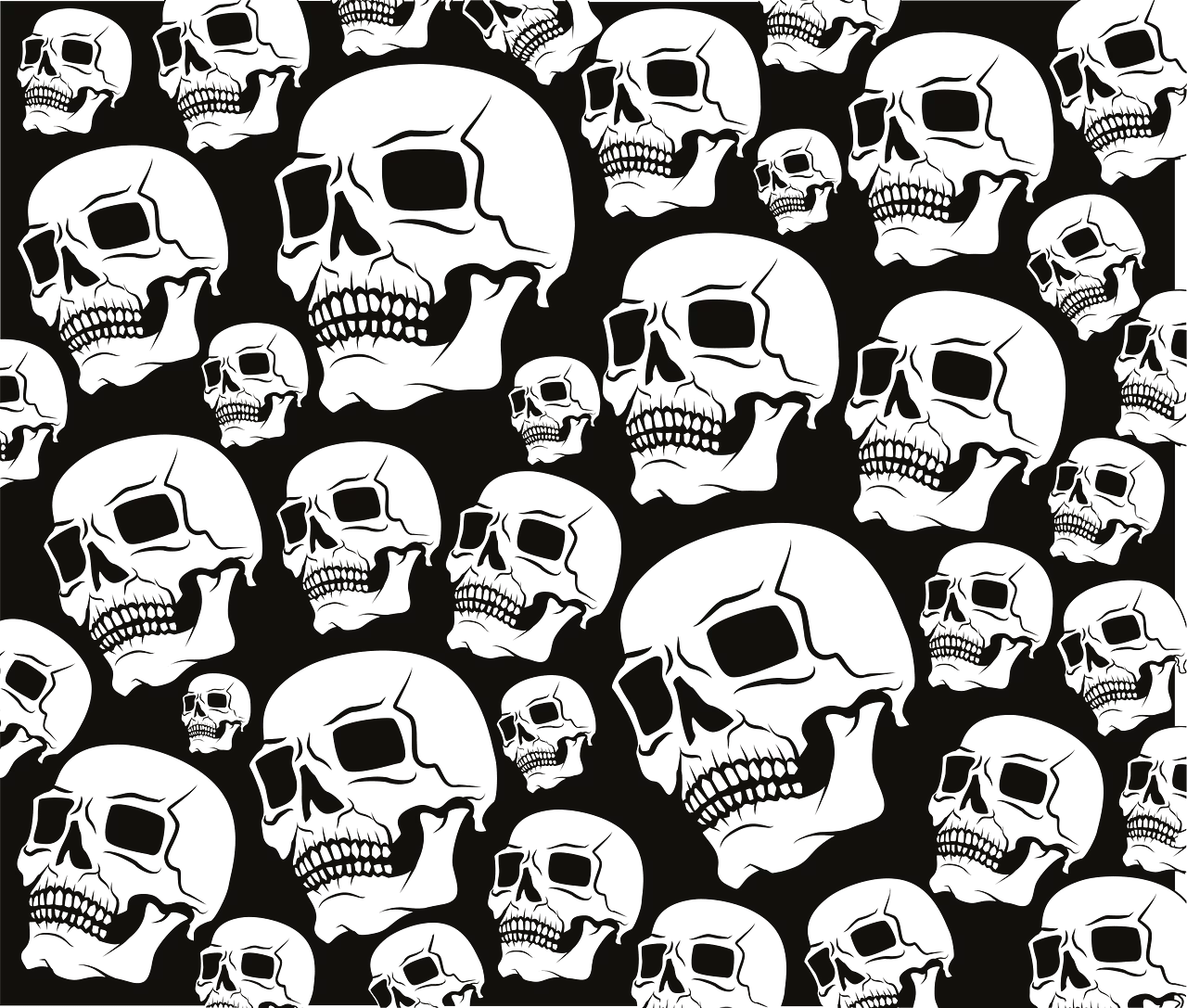 Seamless White Skull Clipart Pattern on Black Background for Gothic Design