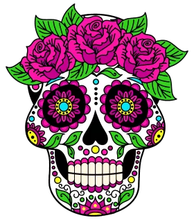 Vibrant Day of the Dead Sugar Skull Clipart with Bright Pink Roses and Floral Designs