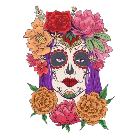 Vibrant Day of the Dead Sugar Skull with Floral Crown Decorative Clipart