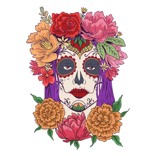 Vibrant Day of the Dead Sugar Skull with Floral Crown Decorative Clipart