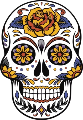 Vibrant Mexican Day of the Dead Sugar Skull with Yellow Rose Floral Clipart