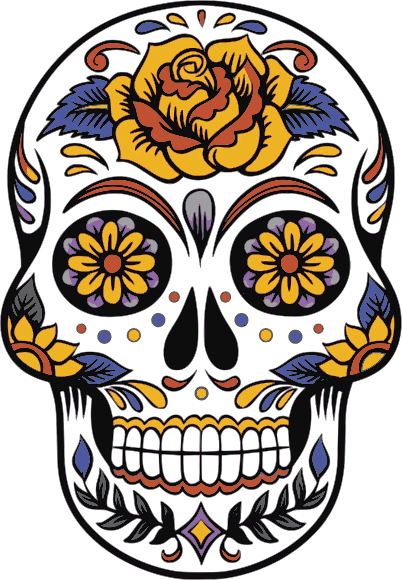 Vibrant Mexican Day of the Dead Sugar Skull with Yellow Rose Floral Clipart