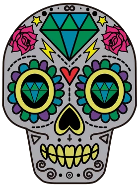 Vibrant Mexican Sugar Skull with Diamond Eyes and Floral Patterns Clipart Art