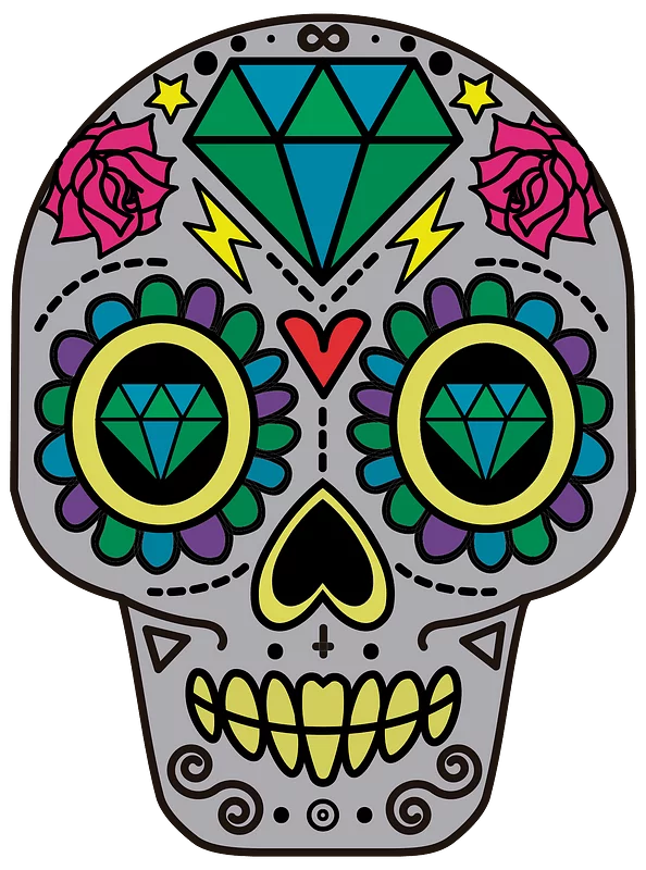 Vibrant Mexican Sugar Skull with Diamond Eyes and Floral Patterns Clipart Art