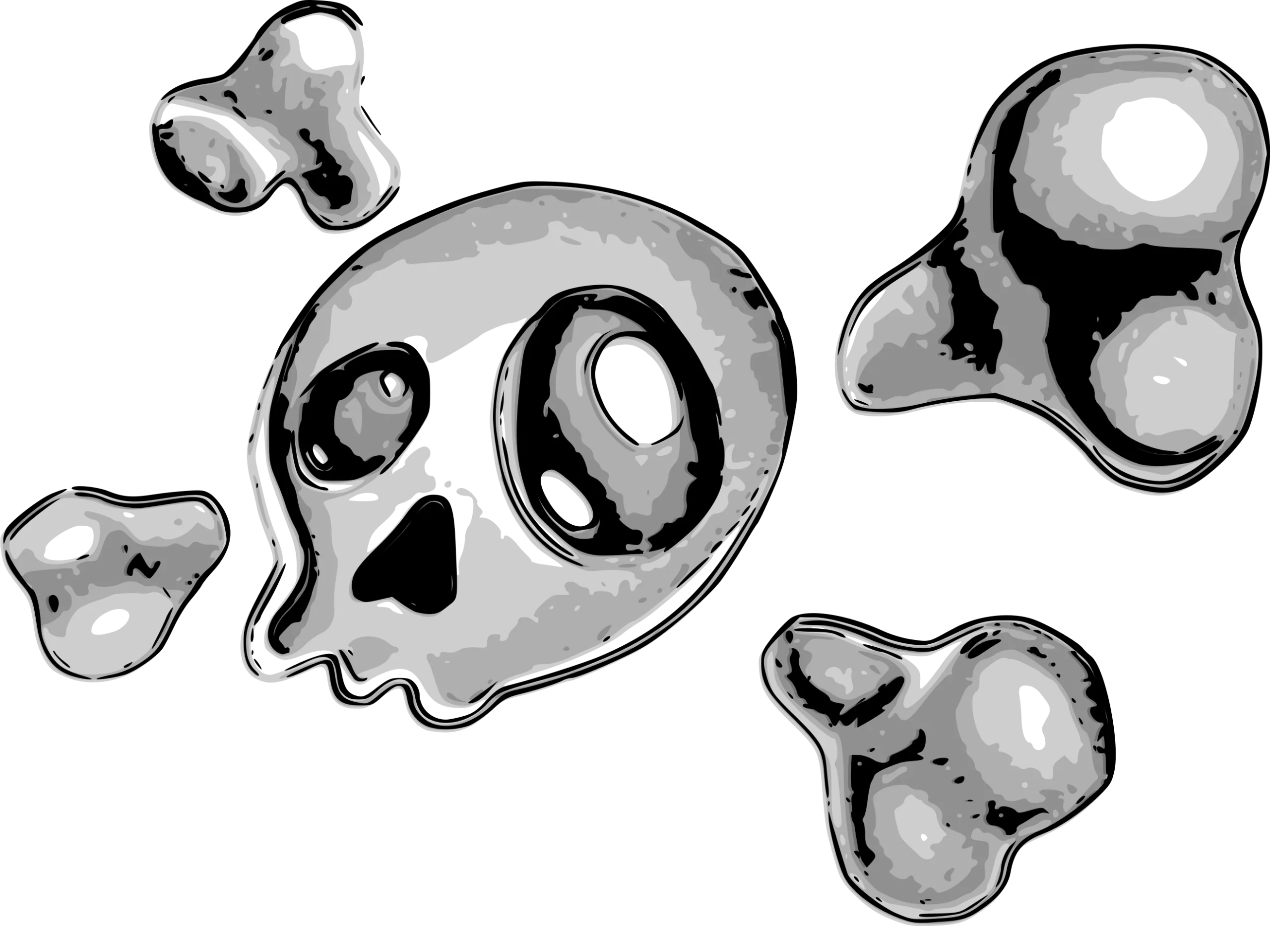 Whimsical Monochrome Skull and Bone Fragments Clipart for Gothic and Halloween Designs