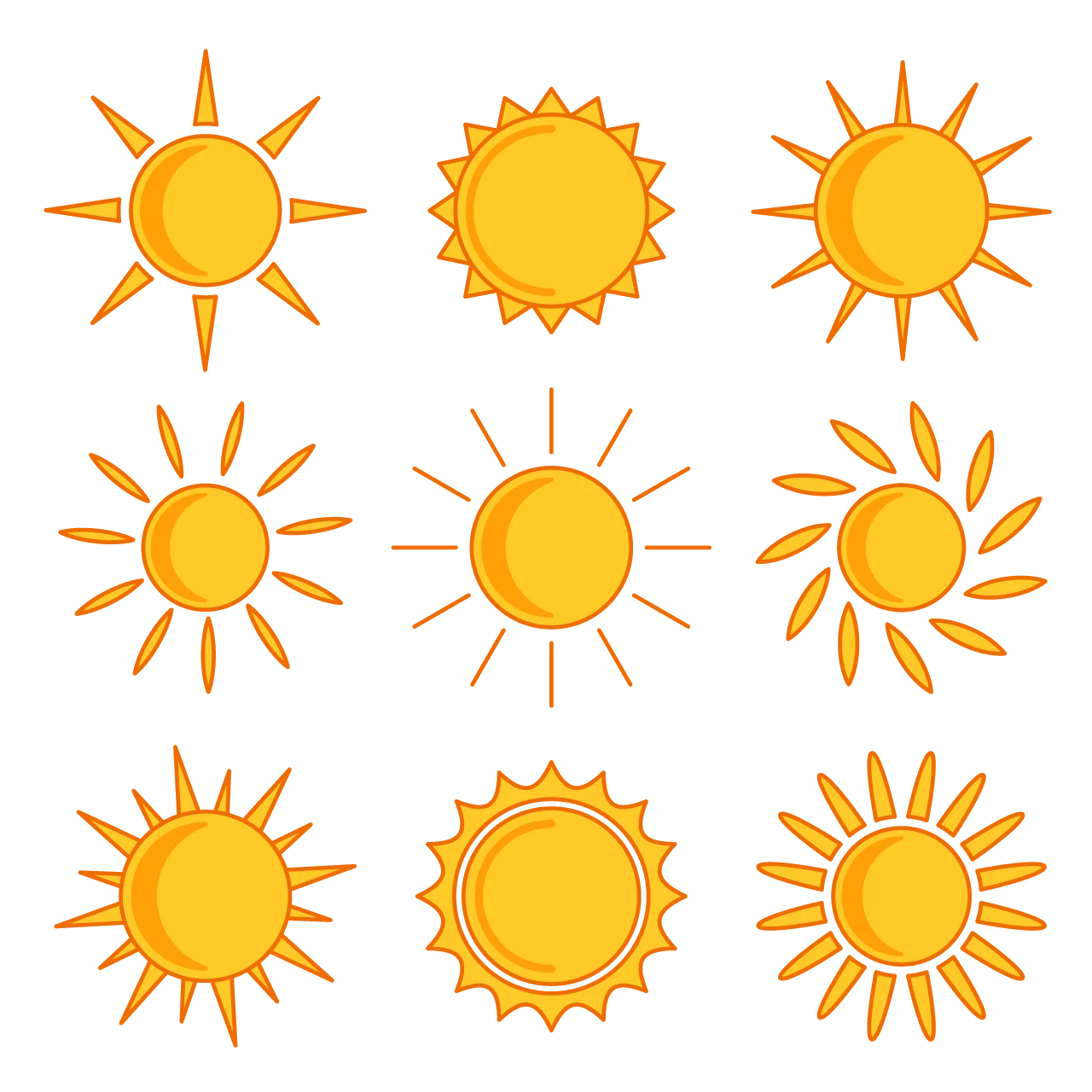 Cheerful Yellow Sun Icon Collection with Various Ray Styles and Designs Clipart