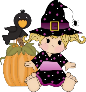 Adorable Baby Witch in Polka Dot Costume with Crow on Pumpkin Halloween Clipart