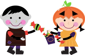 Adorable Children in Halloween Costumes Trick-or-Treating with Candy Bags Clipart