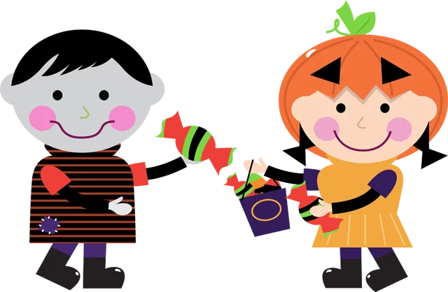 Adorable Children in Halloween Costumes Trick-or-Treating with Candy Bags Clipart