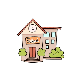 Adorable Elementary School Building with Clock Tower and Green Bushes Clipart