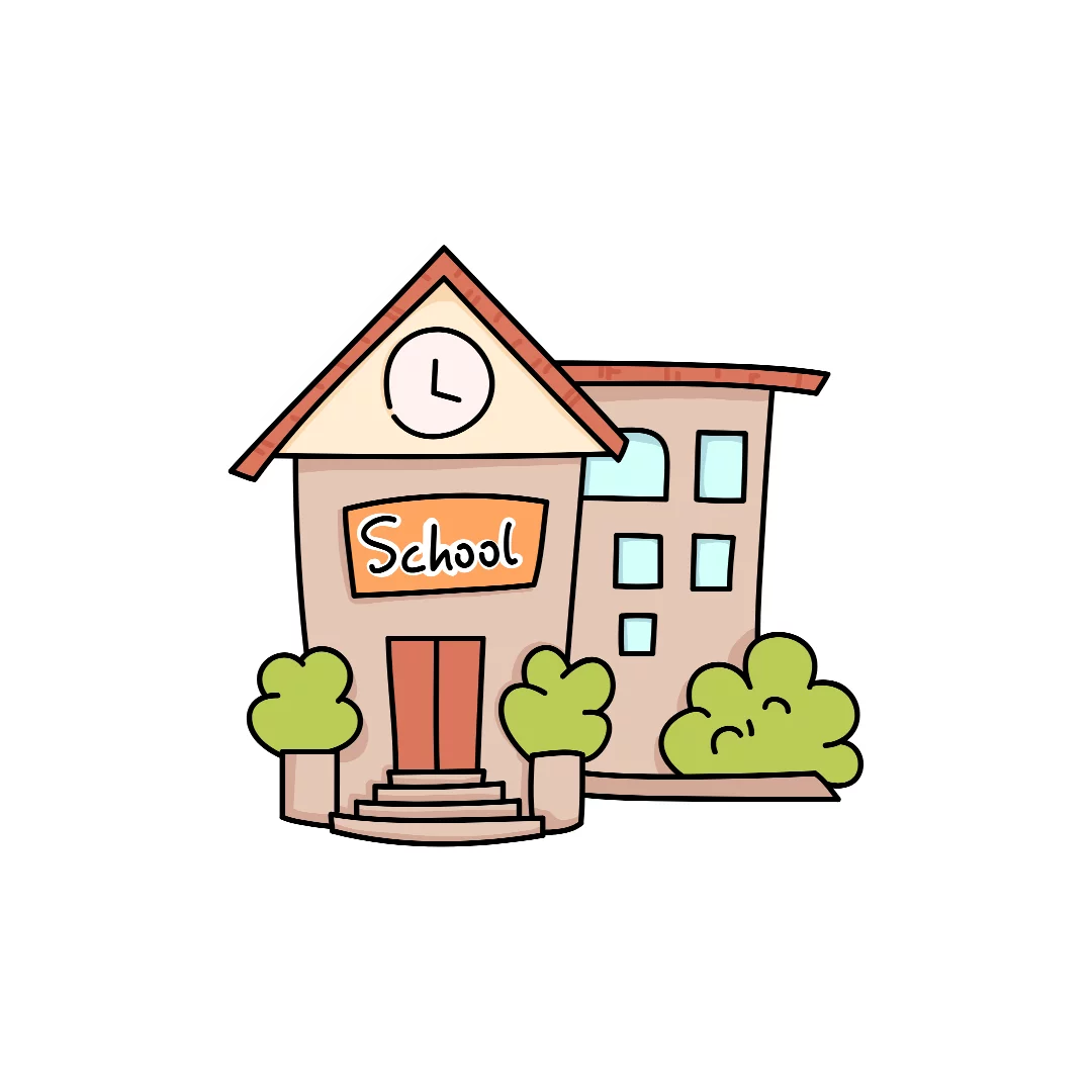 Adorable Elementary School Building with Clock Tower and Green Bushes Clipart