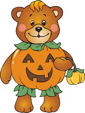 Adorable Halloween Bear in Pumpkin Costume Holding Small Pumpkin Clipart