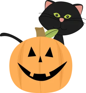 Adorable Halloween Black Cat with Festive Jack-o'-Lantern Pumpkin Clipart Illustration