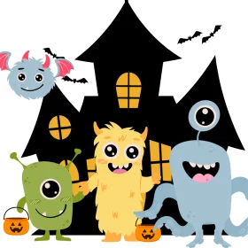 Adorable Halloween Monster Friends Gathering at Haunted House Clipart for Children