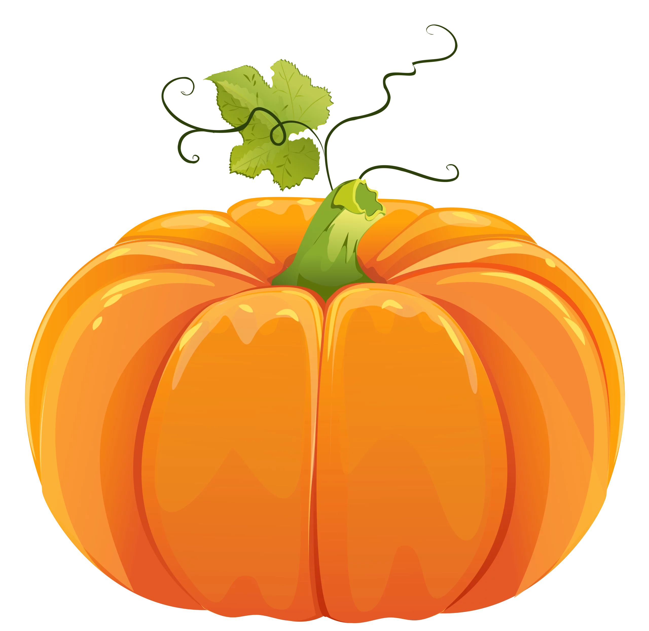 Bright Orange Harvest Pumpkin with Green Stem and Curly Vines Autumn Clipart