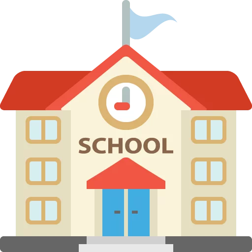 Cartoon School Building with Clock Tower and Red Roof Educational Clipart