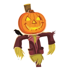 Cheerful Jack-o-Lantern Scarecrow with Crow Halloween Decorative Clipart