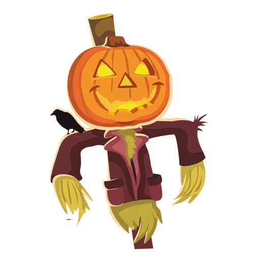 Cheerful Jack-o-Lantern Scarecrow with Crow Halloween Decorative Clipart