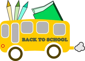 Colorful Back to School Yellow Bus with Pencils and Art Supplies Clipart for Education