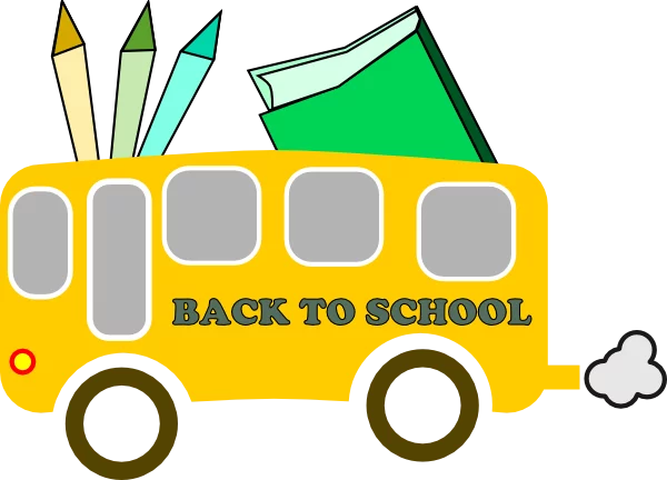 Colorful Back to School Yellow Bus with Pencils and Art Supplies Clipart for Education