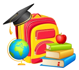 Colorful Educational School Supplies Clipart with Backpack, Books, Globe and Graduation Cap