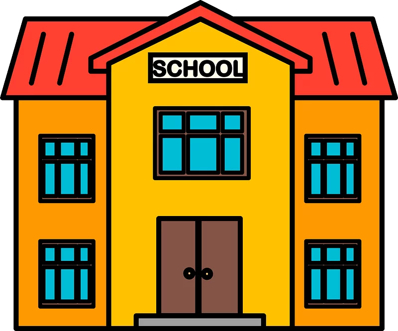 Colorful Elementary School Building with Red Roof Educational Cartoon Clipart