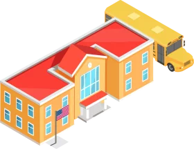 Colorful Elementary School Building with Yellow School Bus Isometric Clipart