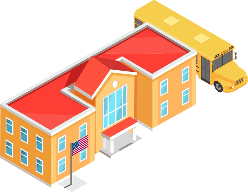 Colorful Elementary School Building with Yellow School Bus Isometric Clipart