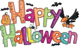 Colorful Happy Halloween Festive Text with Pumpkin and Bats Decorative Clipart