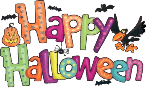 Colorful Happy Halloween Festive Text with Pumpkin and Bats Decorative Clipart