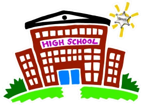 Colorful High School Building Educational Clipart with Bright Sun and Greenery