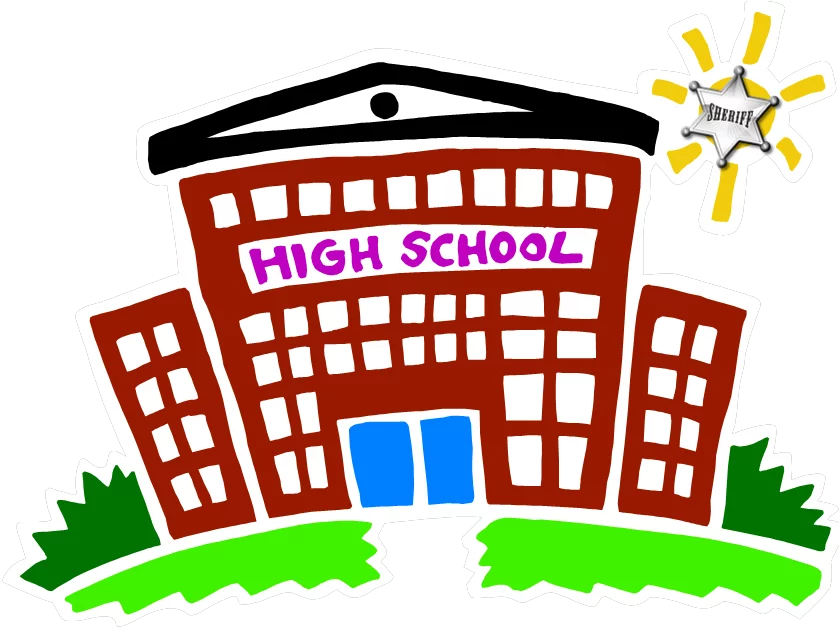 Colorful High School Building Educational Clipart with Bright Sun and Greenery