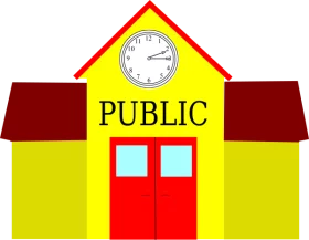 Colorful Public School Building with Clock Tower Educational Institution Clipart