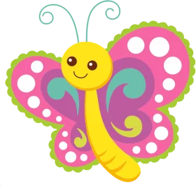 Colorful Smiling Butterfly with Polka Dot Wings Cheerful Children's Clipart