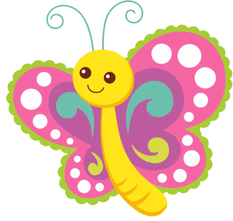 Colorful Smiling Butterfly with Polka Dot Wings Cheerful Children's Clipart