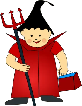 Cute Halloween Little Devil in Red Costume with Trident and Bucket Clipart