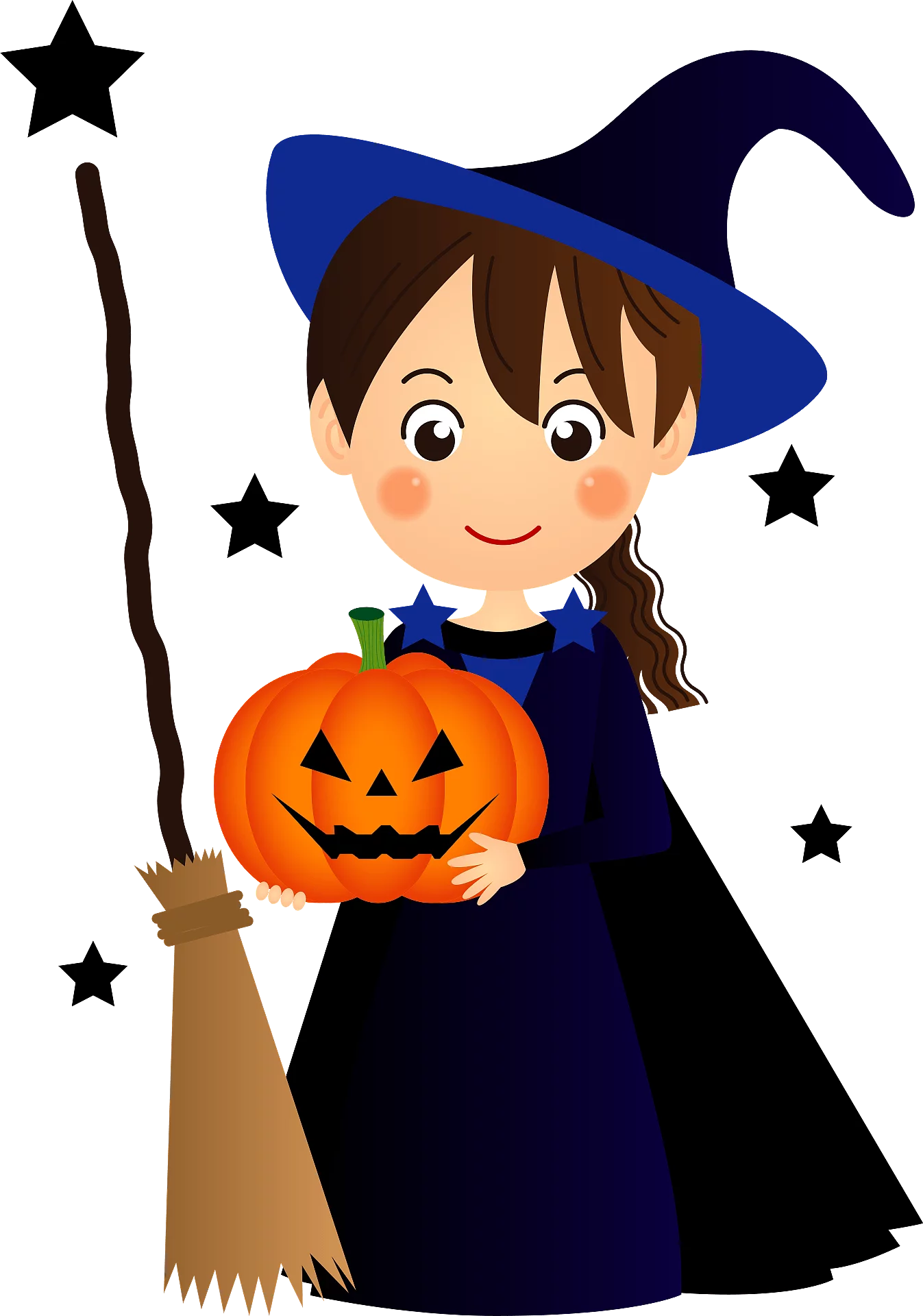 Cute Halloween Witch with Jack-o'-Lantern and Broom Festive Seasonal Clipart