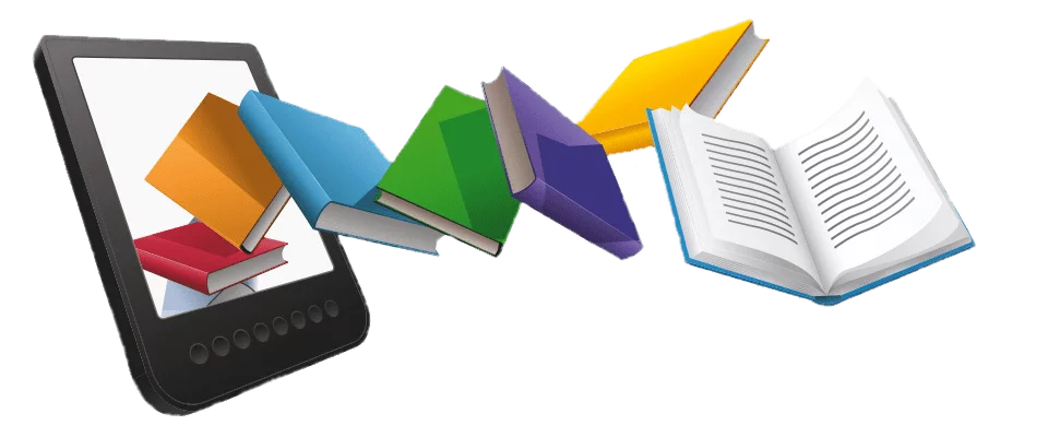 Digital Reading Revolution: Colorful Books Flying from E-Reader Clipart