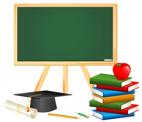 Educational School Elements Clipart with Chalkboard, Books, Apple and Graduation Cap