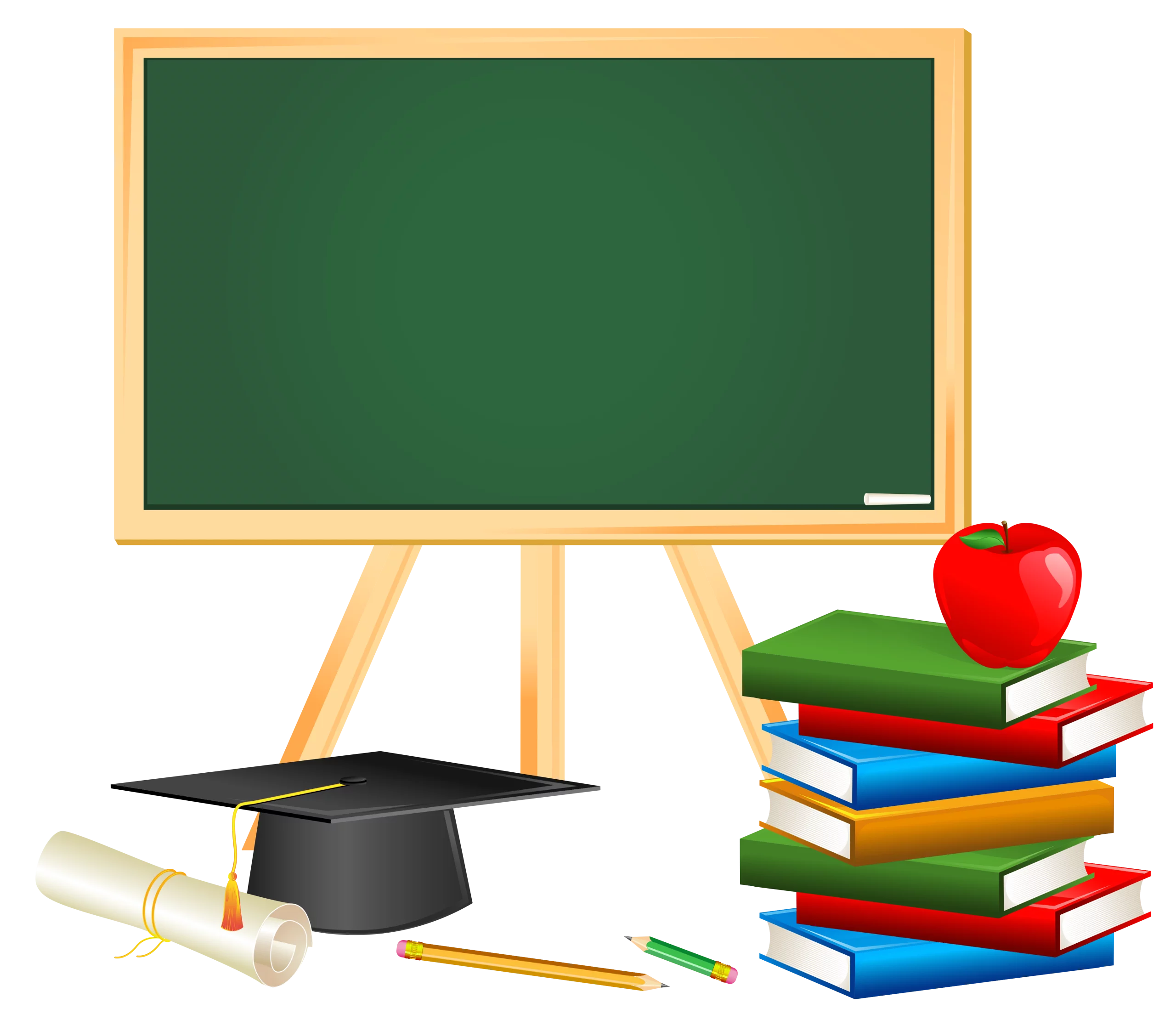 Educational School Elements Clipart with Chalkboard, Books, Apple and Graduation Cap