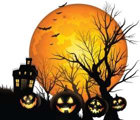 Eerie Halloween Night Silhouette with Glowing Pumpkins and Haunted House Clipart