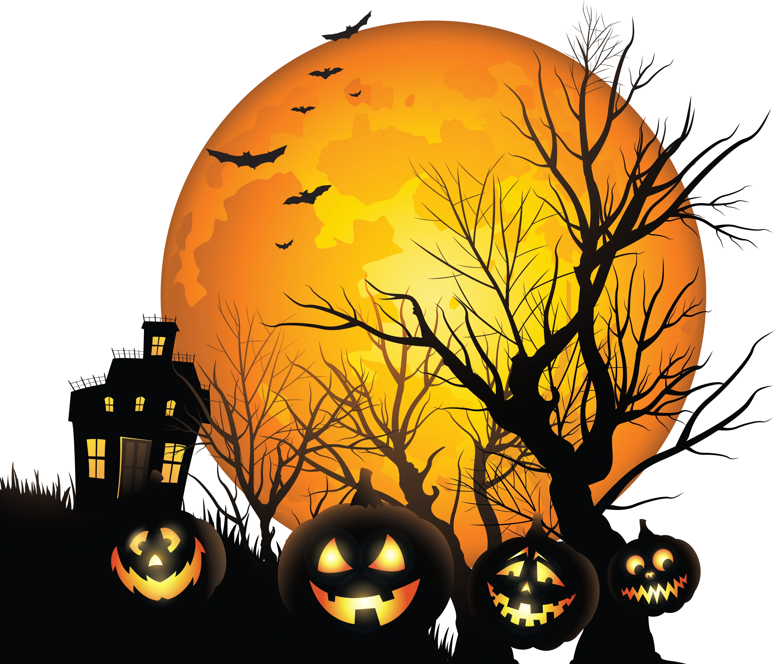 Eerie Halloween Night Silhouette with Glowing Pumpkins and Haunted House Clipart