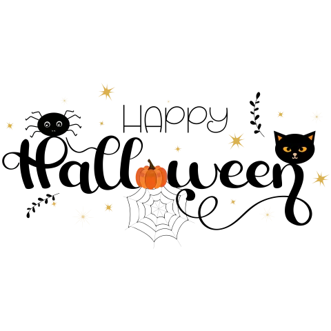 Elegant Happy Halloween Text Clipart with Cats, Pumpkin and Stars Decoration