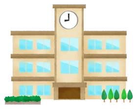 Elementary School Building with Clock Tower and Green Trees Clipart Illustration