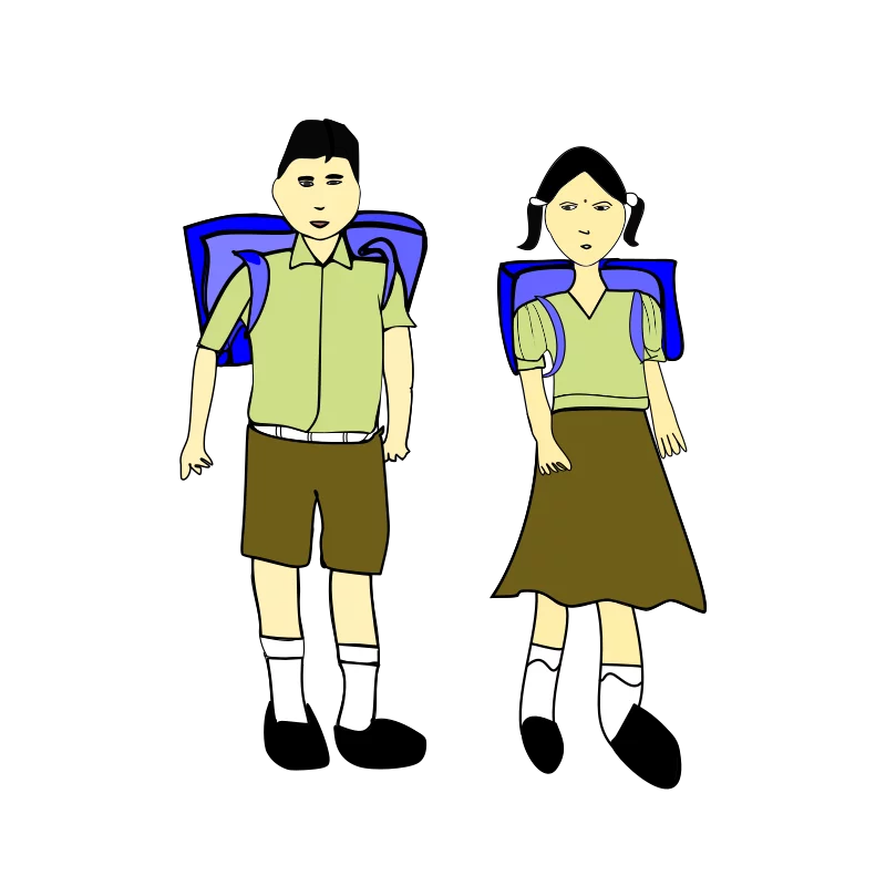 Elementary School Students with Blue Backpacks in Uniform Standing Clipart