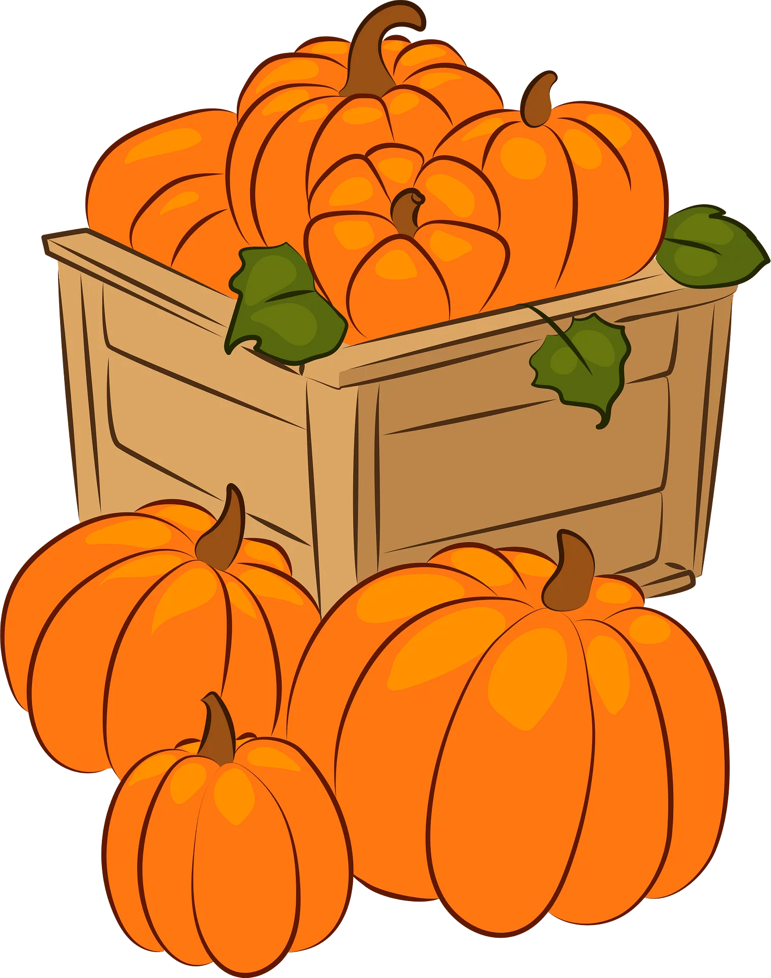 Fall Harvest Wooden Crate with Orange Pumpkins Seasonal Autumn Clipart