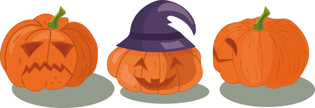 Festive Halloween Pumpkin Trio with Jack-o'-Lantern and Witch Hat Clipart