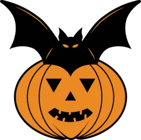 Halloween Bat Perched on Smiling Jack-o'-Lantern Pumpkin - Spooky Seasonal Clipart